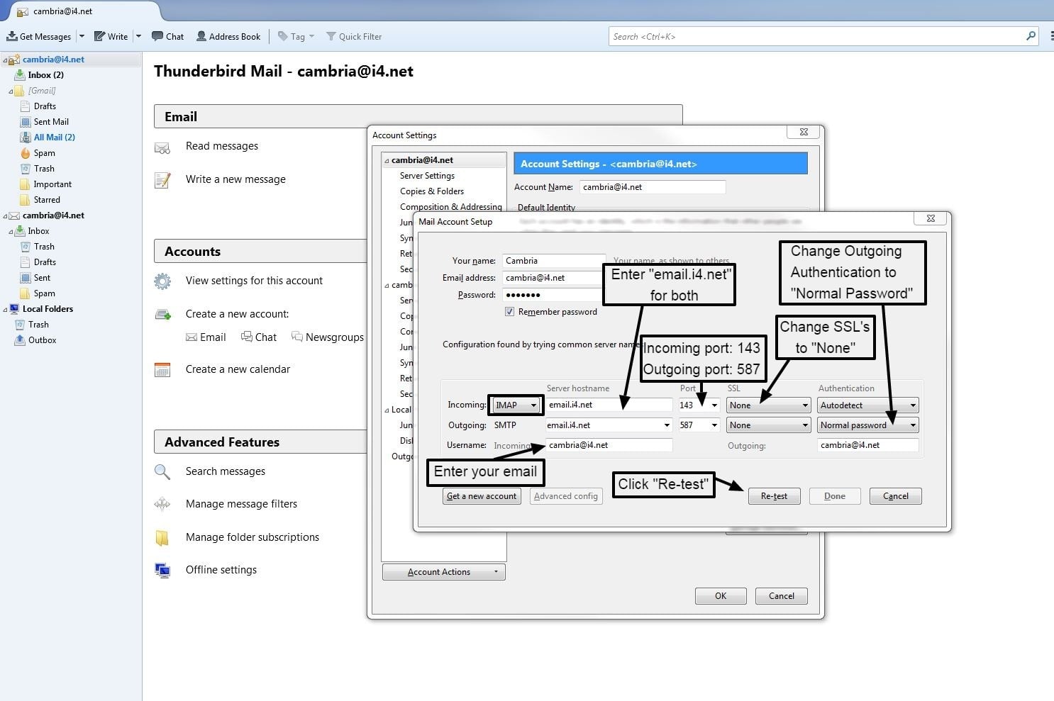 email setup on thunderbird